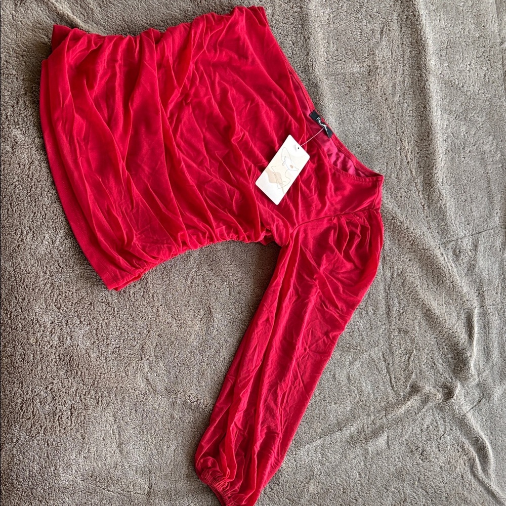 Fashion Nova Bright Red Long-Sleeve Elastic-Hem Blouse